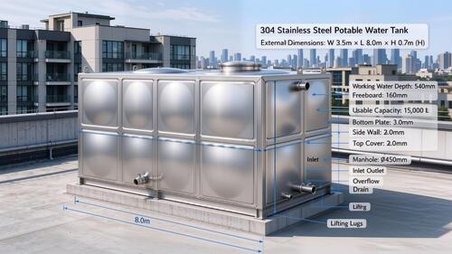 के बारे में नवीनतम कंपनी का मामला 15,000L 304 Stainless Steel Potable Water Tank for Commercial Apartment Rooftop Water Supply