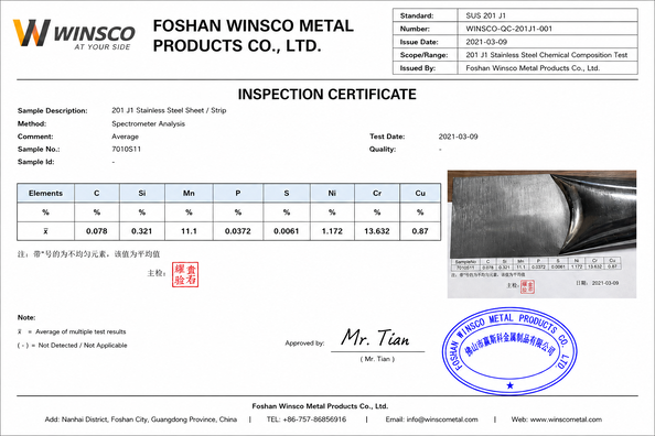 चीन (GuangDong)Foshan Winsco Metal Products Co., Ltd. प्रमाणपत्र
